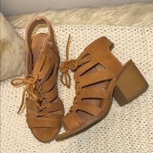 Qupid Cognac Lace-Up Strappy Block Heel Sandals